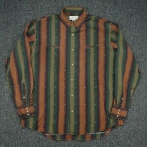 Ryan Michael Shirt Men Large Green Orange Stripe Long Sleeve Silk Cotton Western